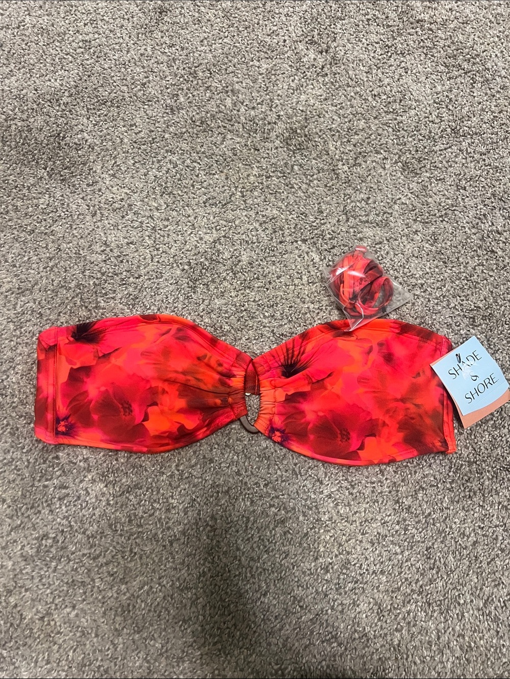 Shade & Shore Red Pink Floral Bandeau Bikini Top with Ring Detail